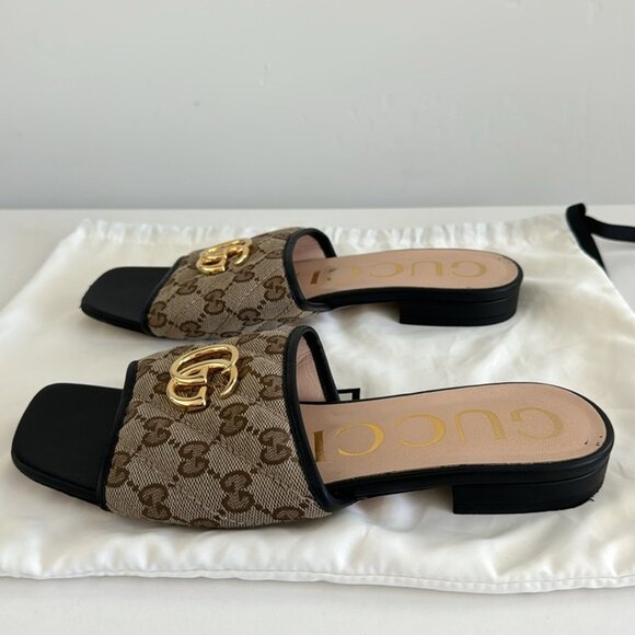 Gucci GG Jolie Leather-Trimmed Embellished Logo-Detailed Canvas Slides Size: 37 - Picture 9 of 11
